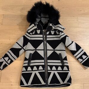 Geometric Patterned Coat thick wool with real fox Fur Hood Claudie Pierlot as 36